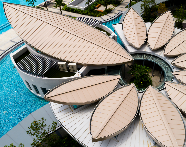 Metal roof cladding on stylish pool house