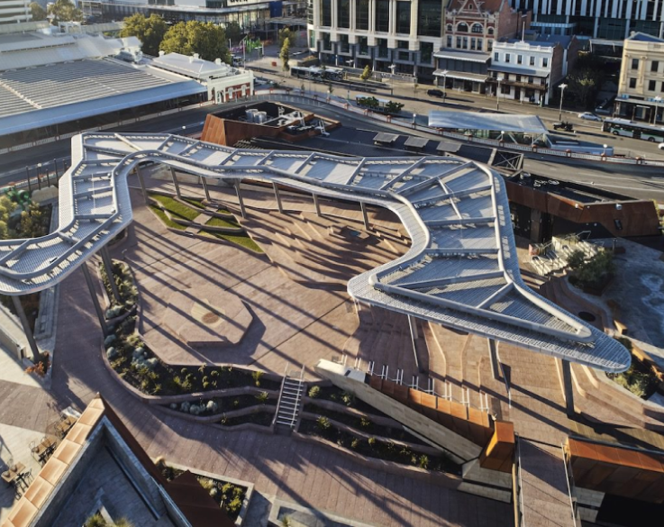 Drone image of Yagan Square Amphitheatre, Perth, Australia 