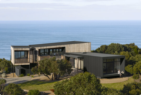 Modern, steel cladded home built overlooking the ocean