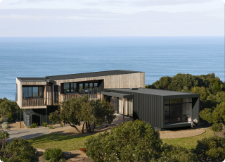 Sustainable home on a coast line with ocean landscape